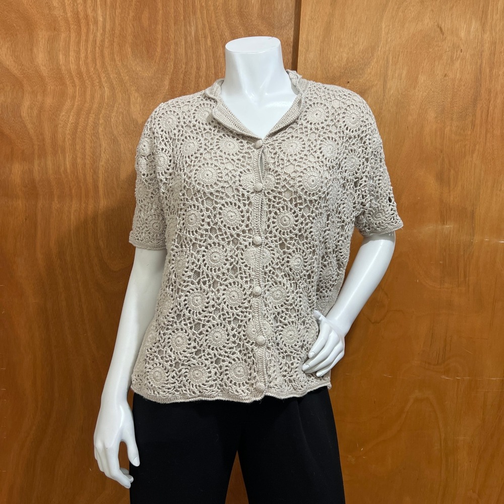 Vintage Shenanigans Hand Knit Crochet Short Sleeve Cardigan Top Beige L